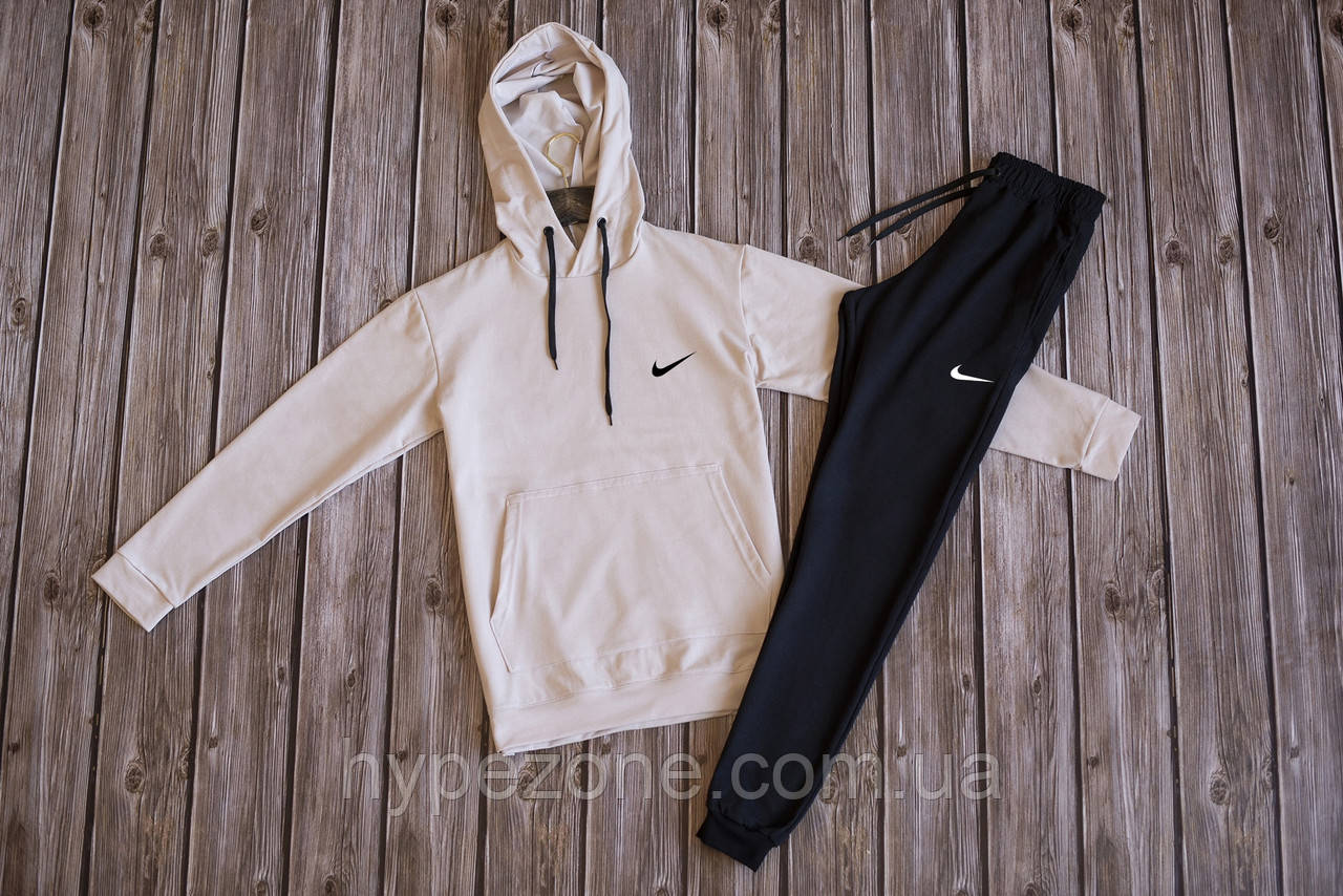 Чоловічий спортивний костюм NIKE бежева Кофта з капюшоном з принтом Найк трикотажні штани NIKE на манжетах