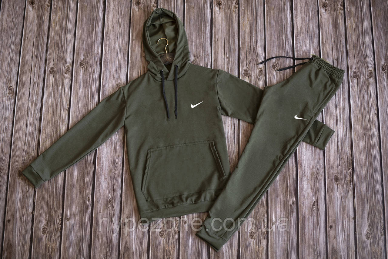 Спортивний костюм NIKE з принтом темно-зелений, хакі Кофта з капюшоном Найк трикотажні штани NIKE на манжетах