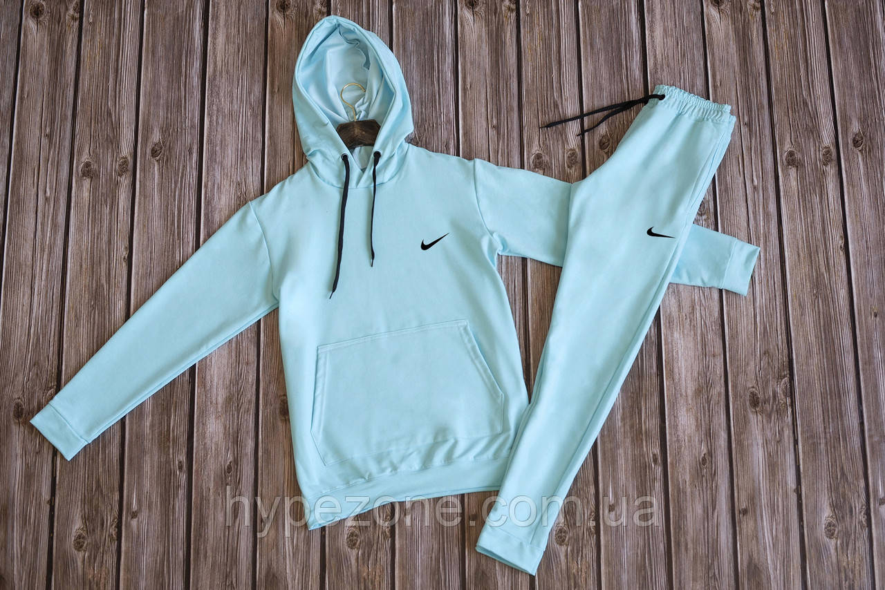 Спортивний костюм NIKE з лого бірюзовий ментоловий Кофта з капюшоном Найк трикотажні штани NIKE на манжетах