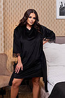Домашний женский велюровый Комплект : платье + халат в больших размерах 48-50, Черный