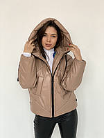 Курточка из эко кожи с капюшоном и боковыми карманами на молнии .женская куртка 42, Бежевый