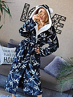 Теплый длинный женский махровый халат черного цвета с пандами и ушками