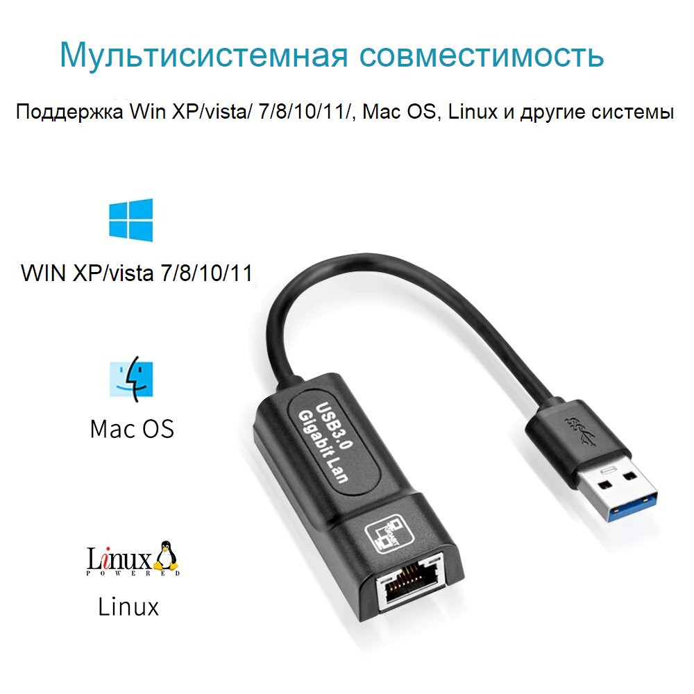 Сетевая карта USB переходник Lan ЮСБ 3.0 1000 Мбит/с RJ45 интернет ...