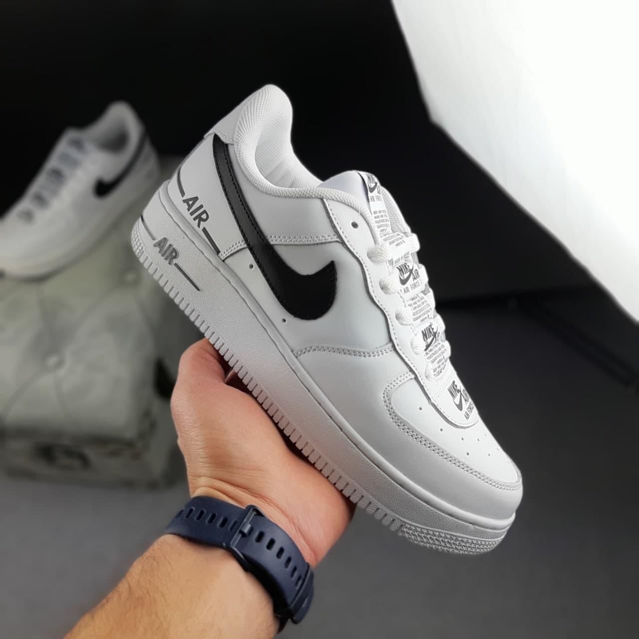 Мужские летние кожаные кроссовки Nike Air Force 1 белые с черным крутые весенние кросовки найк аир форс 43 - фото 1 - id-p1580310840