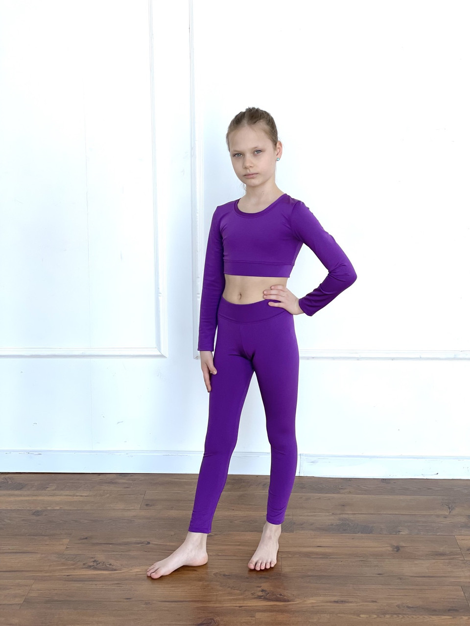 Спортивний костюм з укороченим топом для дівчинки з фіолетового біфлексу Єва р. 26-44 р.104-170