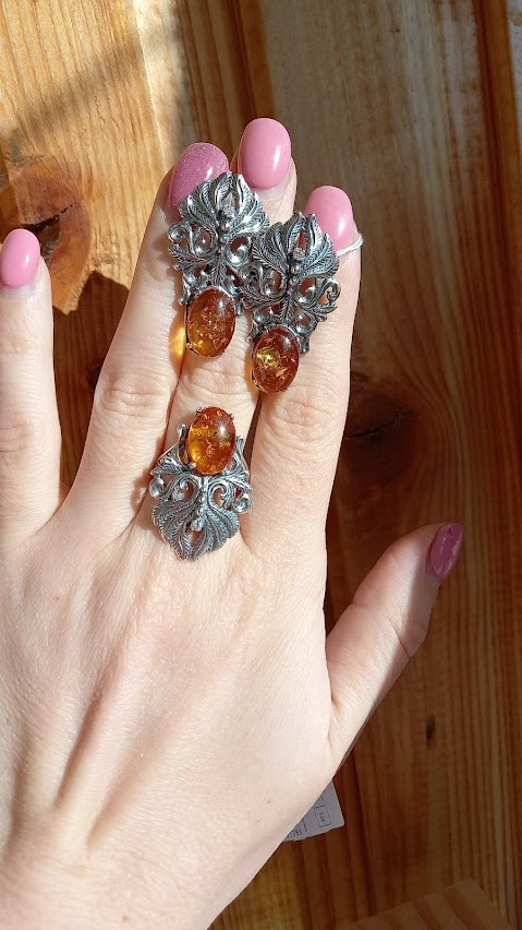 Срібний комплект з реконструйованим бурштином, фото 1