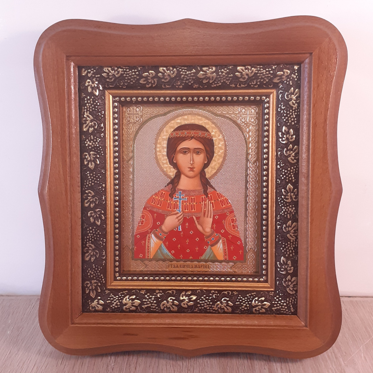 Ікона Марина свята великомучениця, лик 10х12 см, у світлому дерев'яному кіоті