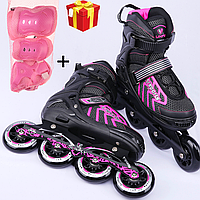 Розсувні дитячі роликові ковзани на 4 колеса 31-34 р рожеві, Ролики для дітей + захист у подарунок 6005