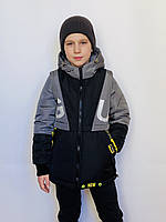 Демисезонная куртка-жилет для мальчика «Now» черная с серым и желтым 122