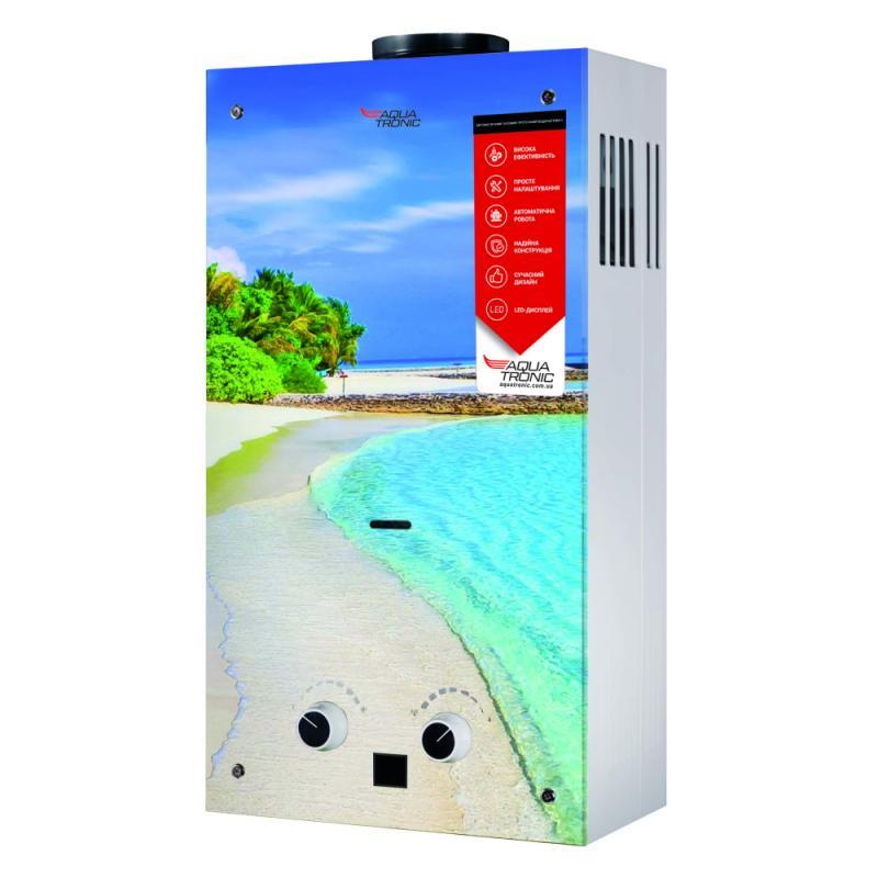 Колонка димохідна газова Aquatronic JSD20-AG308 10 л панель зі скла з малюнком пляж