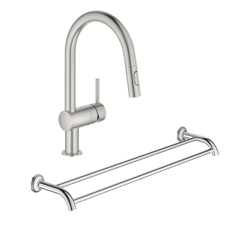 Набір Grohe змішувач для кухні з висувним виливом Minta 32321DC2 + тримач Essentials Authentic