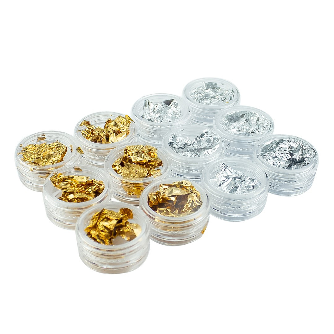 Фольга для нігтів жатий в баночці золото та срібло 12 шт. фольга для дизайну нігтів, манікюрна, неіл арт, фото 1