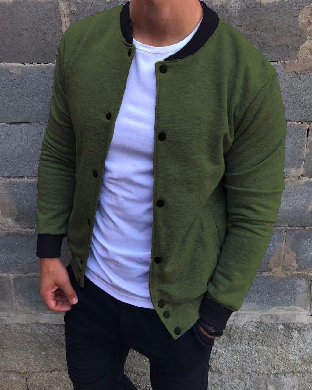Чоловічий бомбер на гудзиках хакі весняна стильна тепла кофта тканинний бомбер без капюшона, фото 1