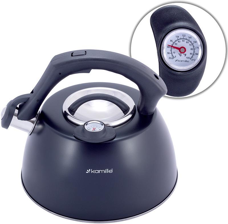 Чайник Kamille Whistling Kettle Thermo 3 л з неіржавкої сталі зі свистком і термометром, чорний