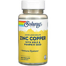 Цинк і мідь SOLARAY "Zinc Copper with Kelp & Pumpkin Seed" з кабелем і гарбузовим насінням (100 капсул)