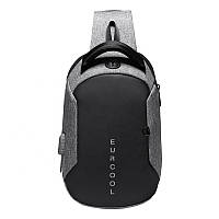 Городской мужской серый однолямочный рюкзак сумка через плечо EURCOOL для планшета 10,5'' с USB разъемом, c