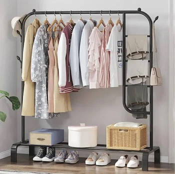 Підлогова вішалка для одягу і взуття з місцем для штанів стійка для речей стелаж Чорна