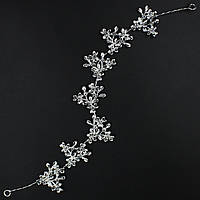 Гілочка в зачіску для волосся металева срібляста з квіточками та пелюстками 28 см із двома неведимками