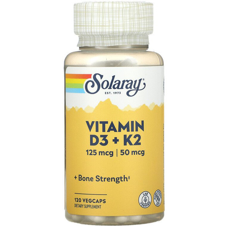 Вітамін D3 і К2 SOLARAY "Vitamin D3 + K2" без сої, 125 мкг / 50 мкг (120 капсул)