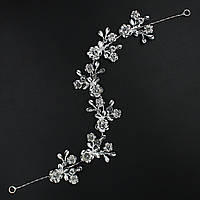 Гілочка в зачіску для волосся металева срібляста квіточки з пелюстками 28 см із двома неведимками