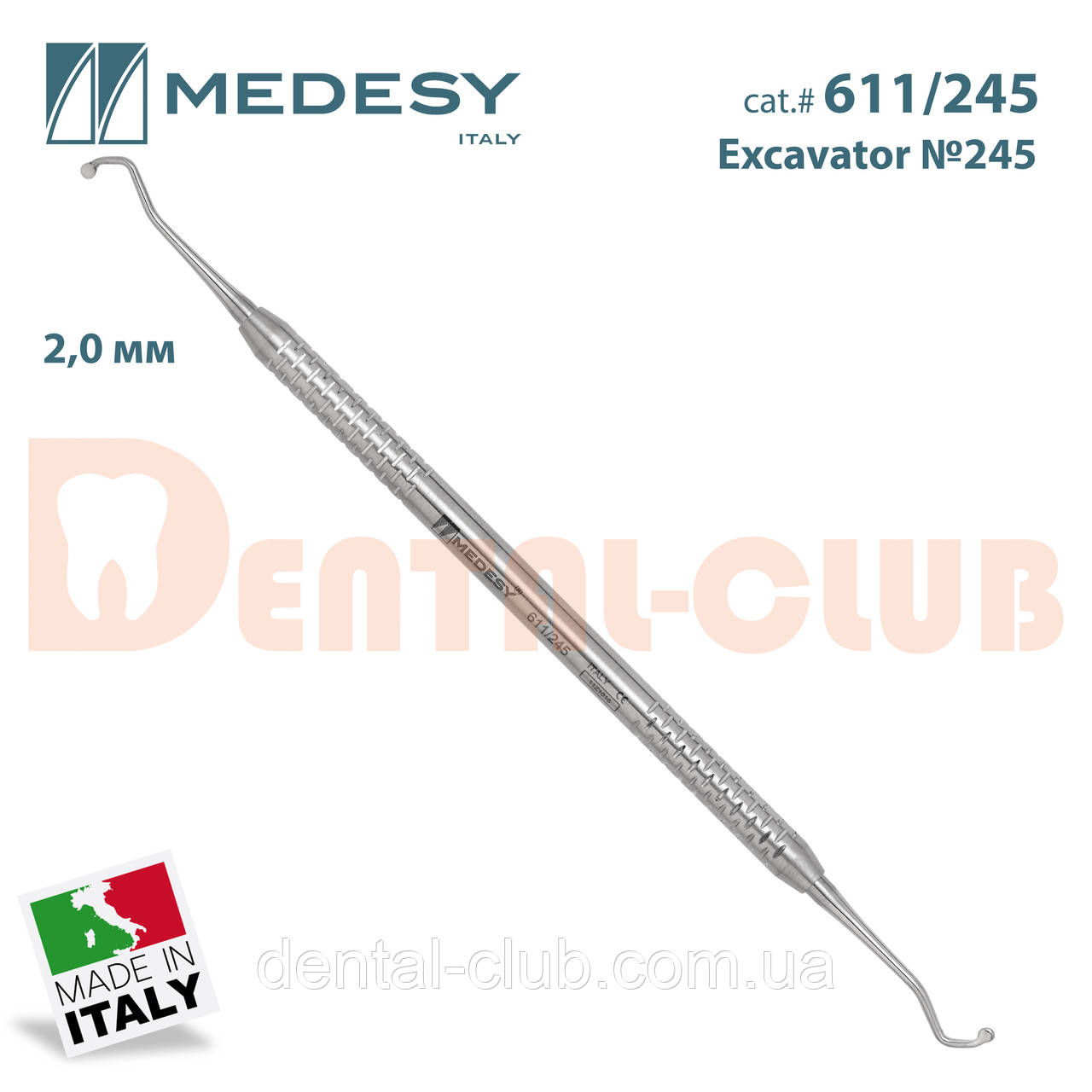 Екскаватор стоматологічний №245 двосторонній 2,0 мм,кругла ручка діаметром 6 мм, Medesy 611/245, фото 1