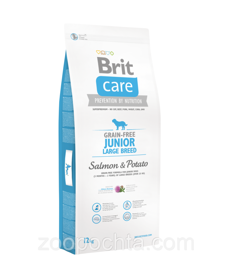 Сухий беззерновий корм Brit Care Junior для молодих собак великих порід, з лососем 12КГ
