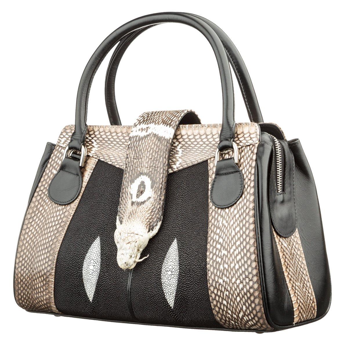 Сумка жіноча STINGRAY LEATHER 182009 з натуральної шкіри морського ската зі вставками зі шкіри пітона Чорна, фото 1