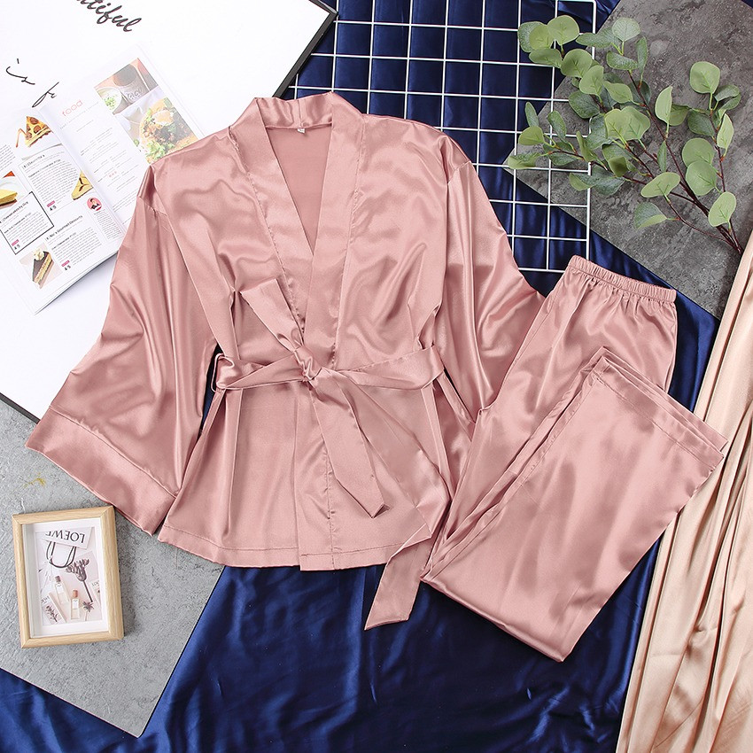 Пижама женская атласная с поясом. Комплект шелковый для дома, сна с длинным рукавом, р. S (розовый) - фото 4 - id-p1580711763