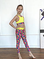 Комплект топ та легінси дитячі спортивні для дівчаток з квітковим принтом з біфлексу Софія р.26-44