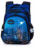 Рюкзак школьный ортопедический для мальчика в 1-4 класс синий 3D рисунок Ночной Город SkyName R2-190