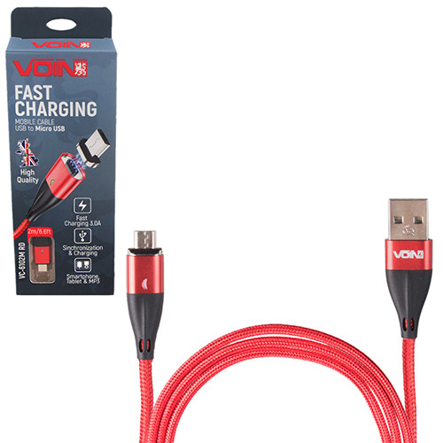 Кабель магнітний VOIN USB — Micro USB 3 А, 2 m, red (швидке заряджання/передавання даних) (VC-6102M RD)