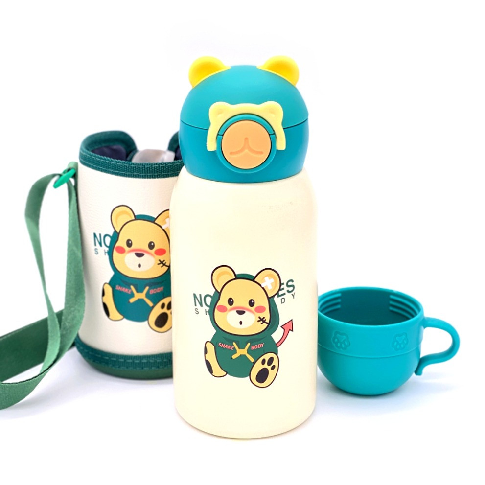 Термос дитячий з трубочкою/чашкою в чохлі на шнурку NE зелений 600 мл (LB-52163), фото 1