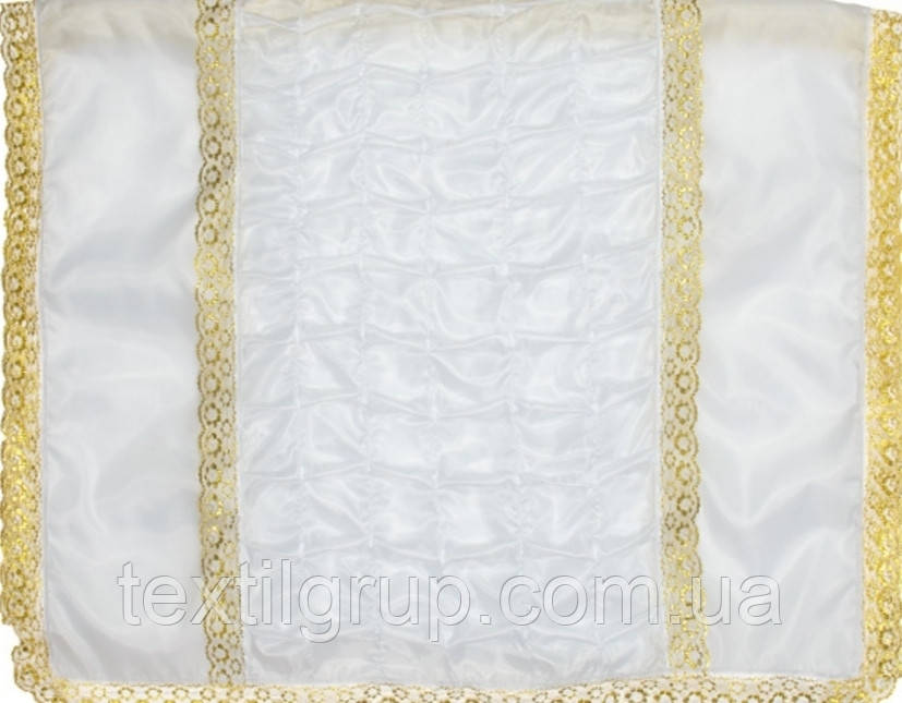 Покривало ритуальне шовкове , середина драпірована, бока рівні , мереживо золото, фото 1