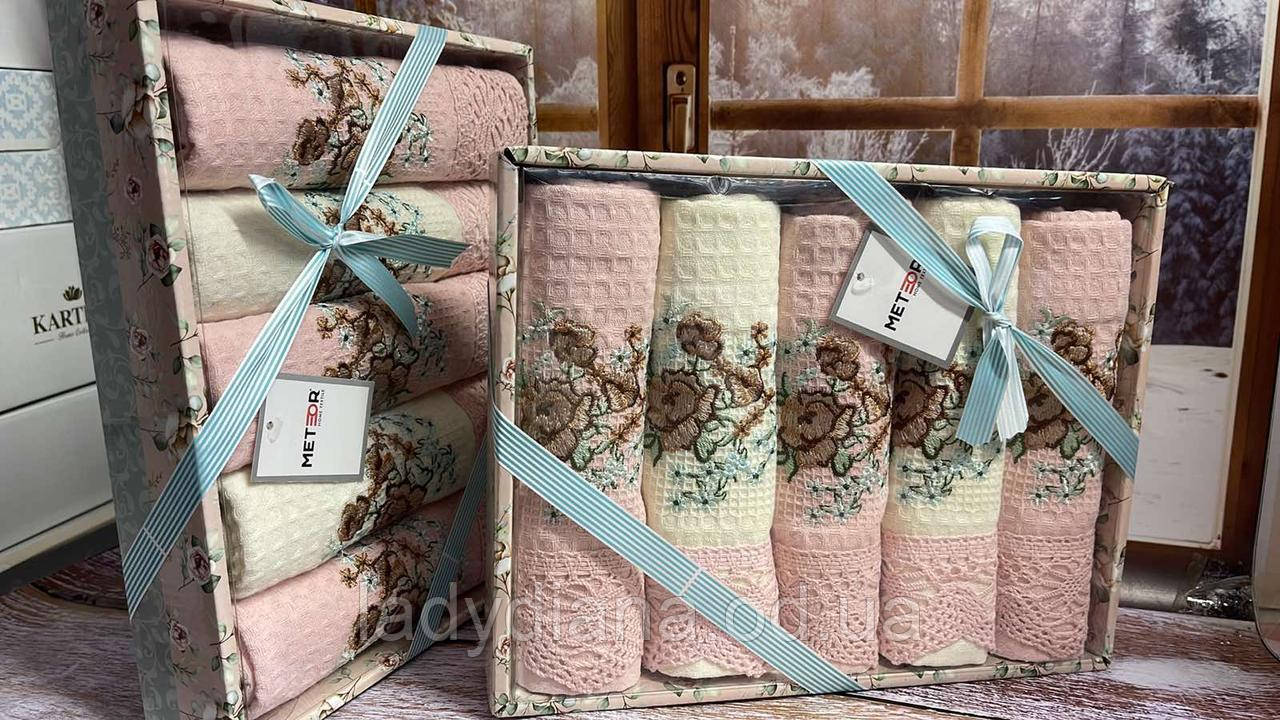 Набір Рушників Для Кухні в Коробці 40/60 см На Подарунок 5 шт Бавовна Вафельні Туреччина З Кружевним Кантом