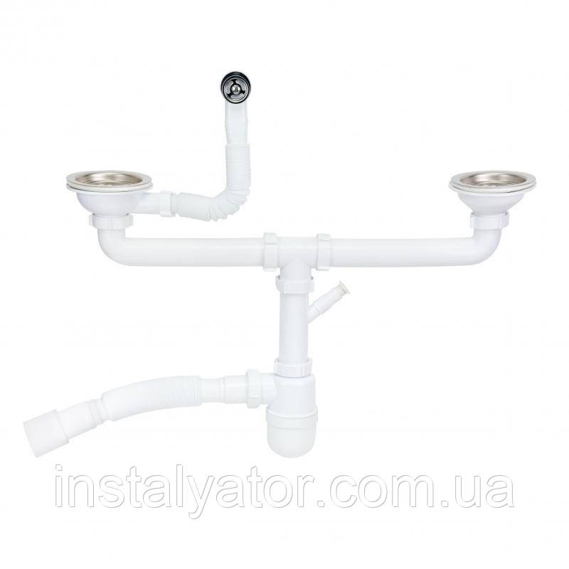 Сифон подвійний для кухонної мийки Lidz (WHI) 60 08 E001 02 ECO з круглим переливом (вихід 50 мм)