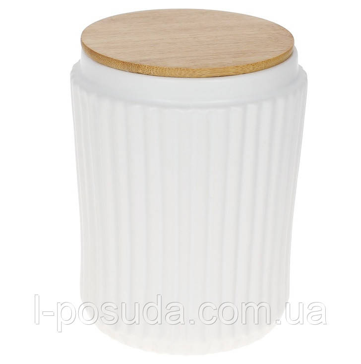 Банка з матової білої кераміки з рельєфним візерунком 730 мл Naturel з бамбуковою кришкою, фото 1