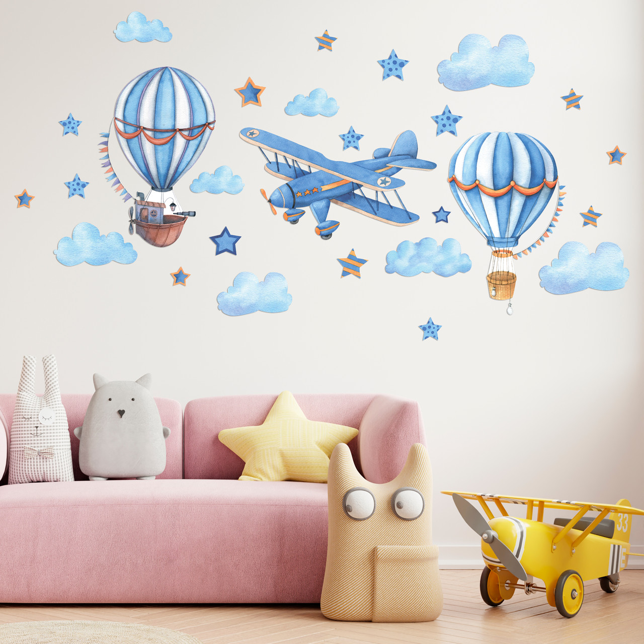 Наклейки в дитячу Монгольфьеры Набір М 1100х500 мм Повітряна куля літак хмари зірки матова, фото 1