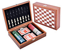 Игровой набор шахматы/покерные фишки/карты (2 колоды) /кости, деревянная коробка