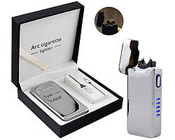 Електроімпульсна USB запальничка блискавка-дуга, індикатор заряду Silver