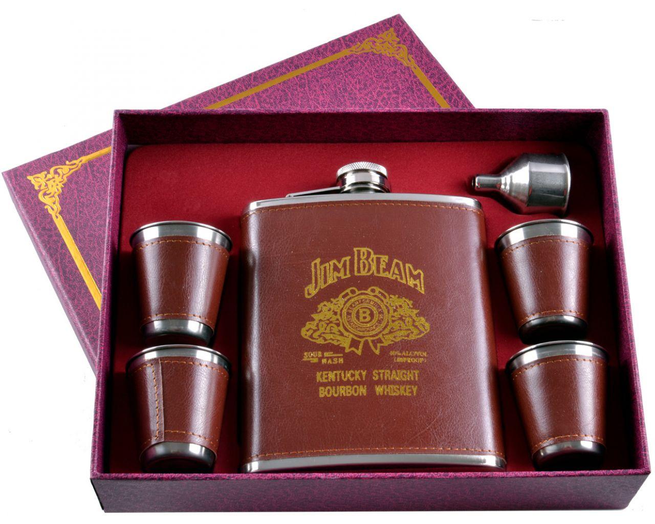 Подарунковий набір 6в1 фляга (обтягнута шкірою), 4 чарки, лійка "Jim Beam" Коричневий