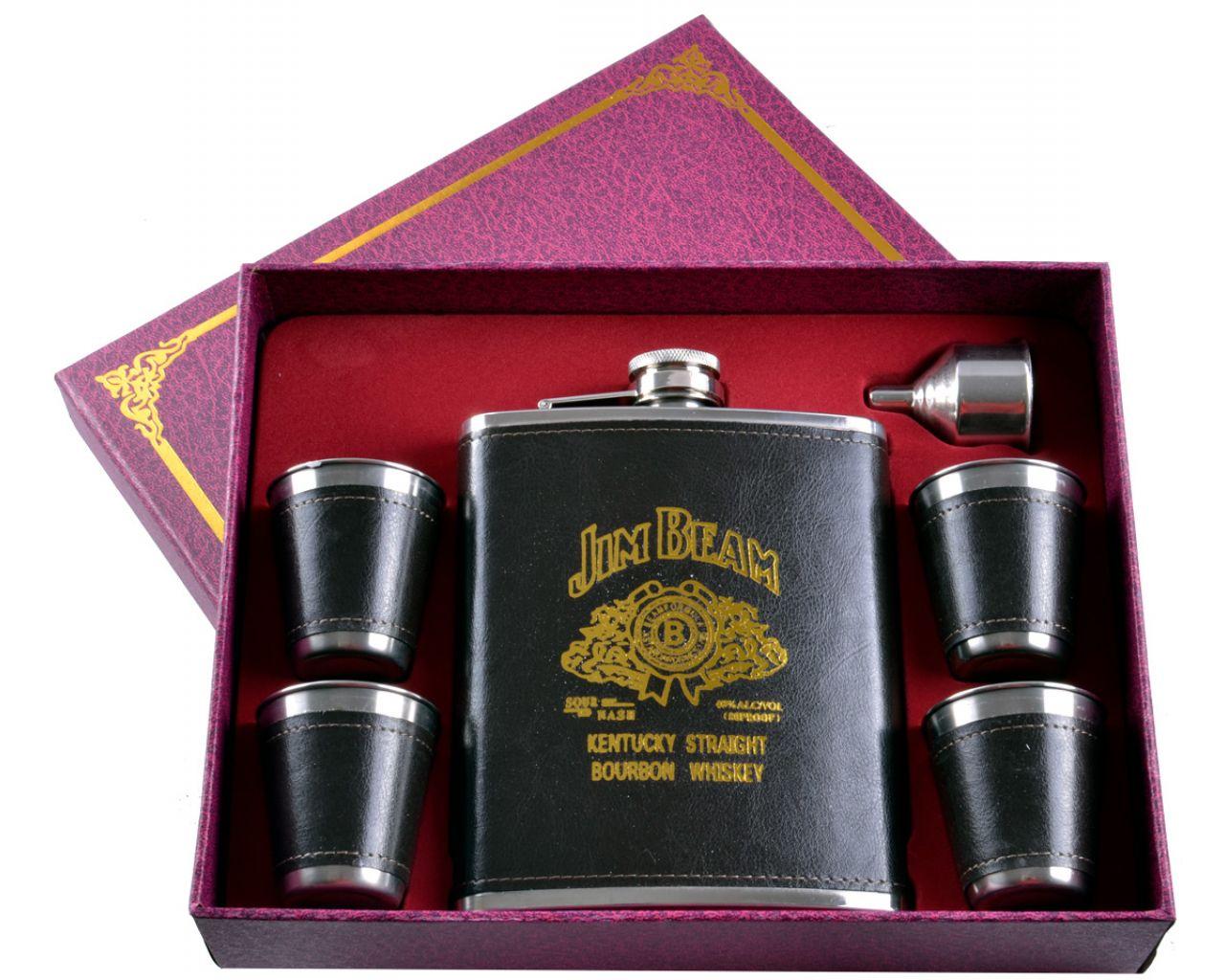 Подарунковий набір 6в1 фляга (обтягнута шкірою), 4 чарки, лійка "Jim Beam"