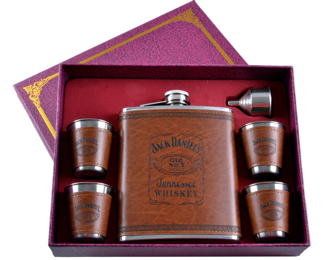 Подарунковий набір 6в1 фляга (обтягнута шкірою), 4 чарки, лійка "Jack Daniels"