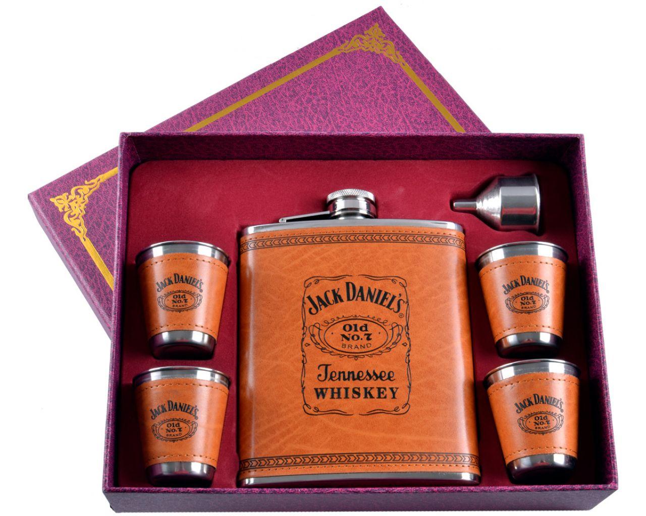 Подарунковий набір 6в1 фляга (обтягнута шкірою), 4 чарки, лійка "Jack Daniels"