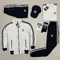 Мужской спортивный костюм Adidas Адидас кофта с молнией шорты и кепка носки в подарок 7в1 черно белый