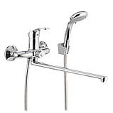 Змішувач для ванної з поворотним довгим виливом 35 см одноважільний з душем CR Riva EURO, фото 3