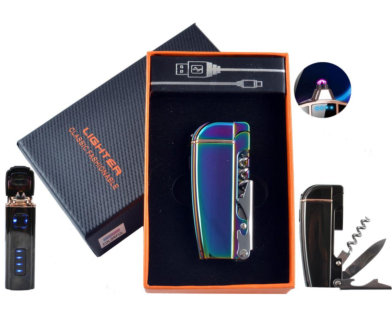 Електроімпульсна USB Запальничка дві блискавки, індикатор заряду, ніж, штопор, відкривачка