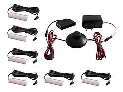 Комплект світильників світлодіодних з ножним вимикачем накладних для підсвітки меблевих полиць 6шт 220V біле світло чорний провід