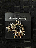 Гребінець золотистий для волосся із синіми кристалами квіточок із пелюстками розмір 7х6 см