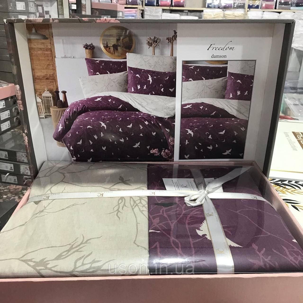 Комплект постільної білизни ТМ First Choice ранфорс 200*220 Freedom damson бордовий