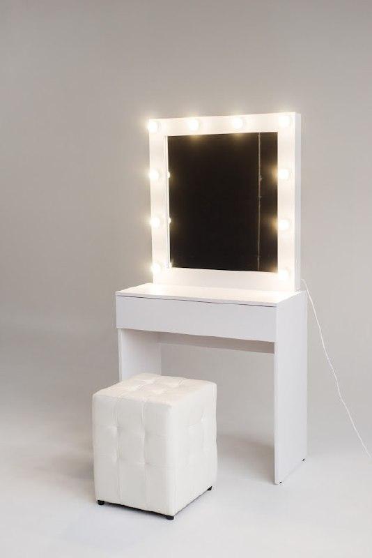 Гримерний візажний столик із дзеркалом підсвіткою, 80 см ширина, на 1 ящик білий